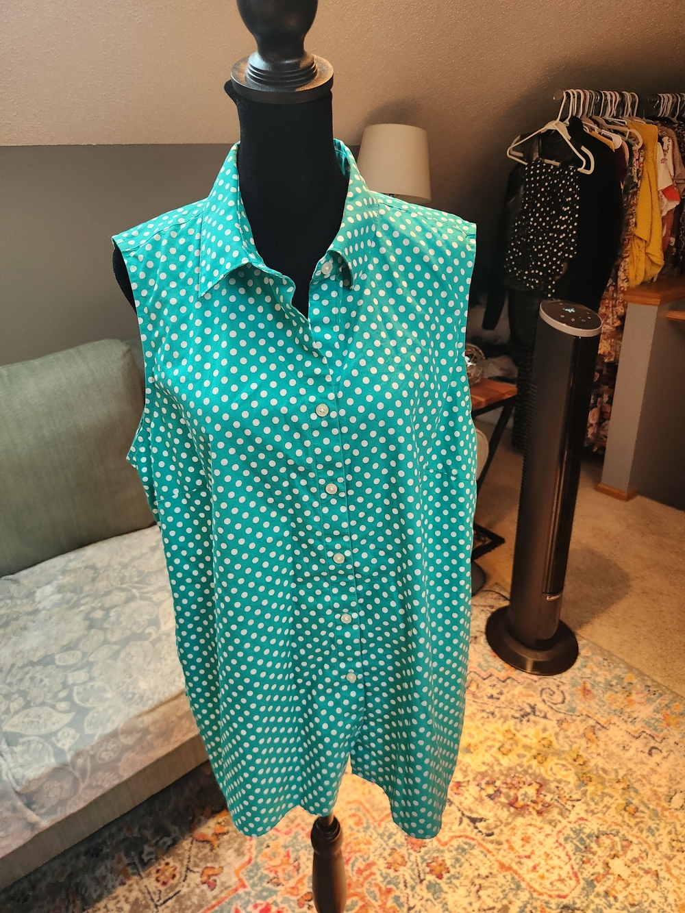 Lands' End Sleeveless Teal Dot Button-Up Blouse Size 18 Plus Cotton